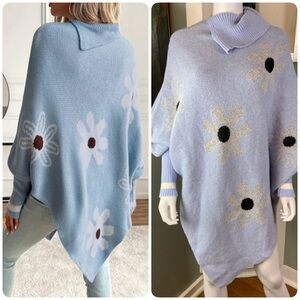 NWOT Floral Knit Sweater Poncho Sweater Light Blue 4X Volup Asymmetrical